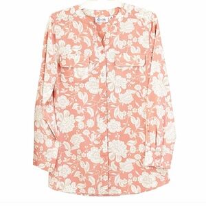 Denim & Co Floral Button Down Blouse Tunic Top XS Peach Cream